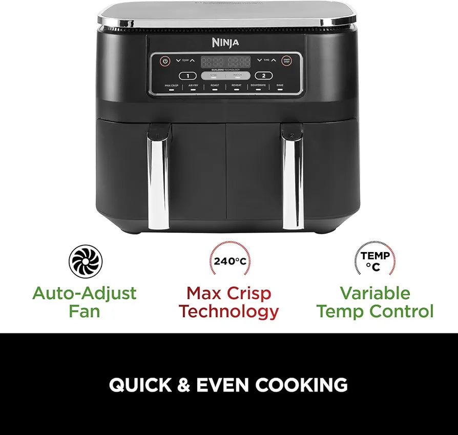 Ninja Foodi Dual Zone Digital Air Fryer, 2 Drawers, 7.6L, 6-in-1, Uses No Oil, Air Fry, Max Crisp, Roast, Bake, Reheat, Dehydrate, Cooks 4-6 Portions, Non-Stick, Dishwasher Safe Baskets, Black AF300UK