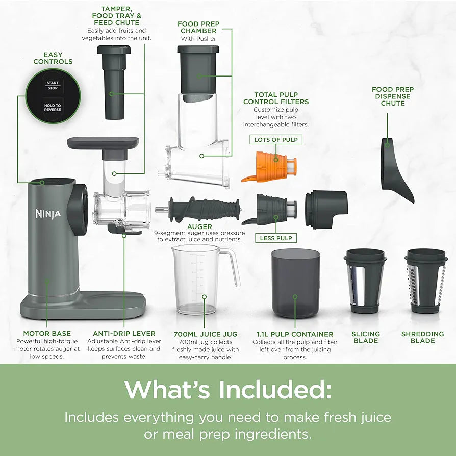 Ninja 3-in-1 Cold Press Juicer with Slice and Shred Blades, 700ml Jug and 1.1L Pulp Container, Make Fresh Juices and Process Vegetables, Compact, Dishwasher Safe Removeable Parts, Grey JC152UK