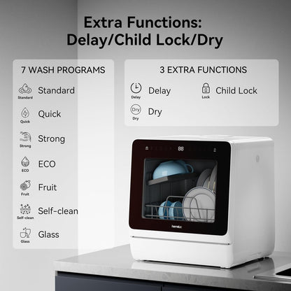 RavoDeals™ Table Top Dishwasher 7+3 Programmes, Mini Countertop Dishwasher with 5 Place Settings, Delayed Star Function & Child Lock