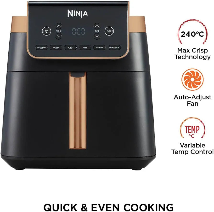 Ninja Air Fryer MAX PRO, 6.2L, Uses No Oil, Large Square Single Drawer, Roast, Bake, Air Fry, Family Size, Non-Stick, Dishwasher Safe Basket & Crisper Plate, Silicone Tongs, Black & Copper, AF180UKCP