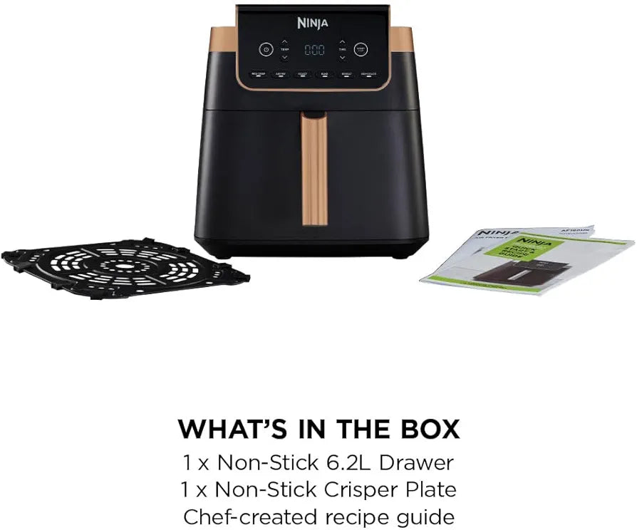 Ninja Air Fryer MAX PRO, 6.2L, Uses No Oil, Large Square Single Drawer, Roast, Bake, Air Fry, Family Size, Non-Stick, Dishwasher Safe Basket & Crisper Plate, Silicone Tongs, Black & Copper, AF180UKCP