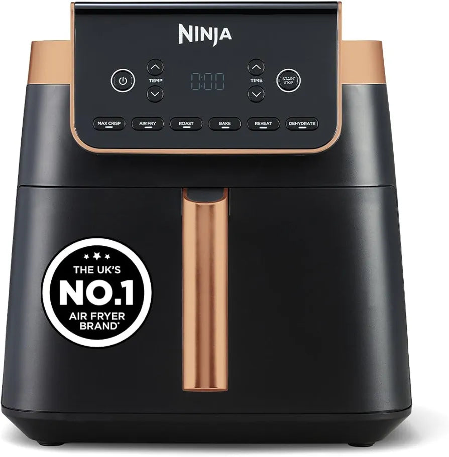 Ninja Air Fryer MAX PRO, 6.2L, Uses No Oil, Large Square Single Drawer, Roast, Bake, Air Fry, Family Size, Non-Stick, Dishwasher Safe Basket & Crisper Plate, Silicone Tongs, Black & Copper, AF180UKCP