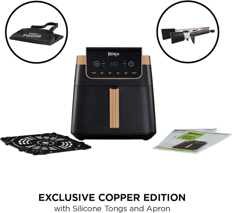 Ninja Air Fryer MAX PRO, 6.2L, Uses No Oil, Large Square Single Drawer, Roast, Bake, Air Fry, Family Size, Non-Stick, Dishwasher Safe Basket & Crisper Plate, Silicone Tongs, Black & Copper, AF180UKCP