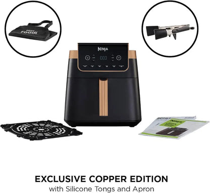 Ninja Air Fryer MAX PRO, 6.2L, Uses No Oil, Large Square Single Drawer, Roast, Bake, Air Fry, Family Size, Non-Stick, Dishwasher Safe Basket & Crisper Plate, Silicone Tongs, Black & Copper, AF180UKCP