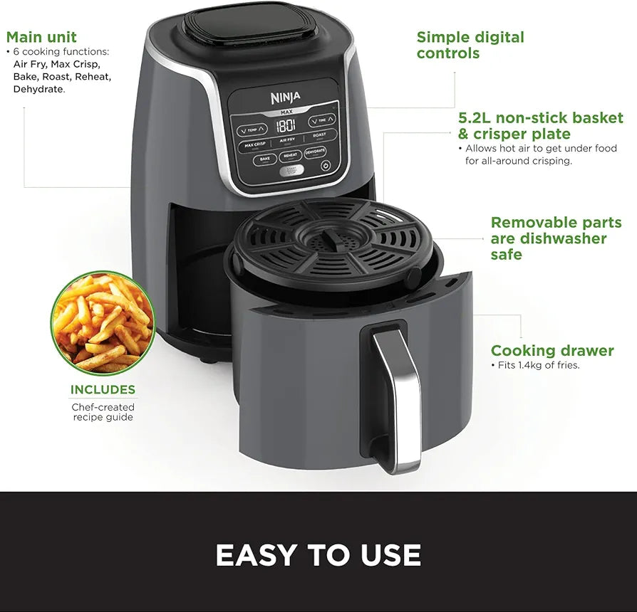 Ninja Air Fryer MAX, 5.2L, 6-in-1, Uses No Oil, Air Fry, Max Crisp, Roast, Bake, Reheat, Dehydrate, Family Size, Digital, Cook From Frozen, Non-Stick, Dishwasher Safe Basket, Grey & Black, AF160UK