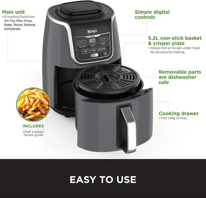 Ninja Air Fryer MAX, 5.2L, 6-in-1, Uses No Oil, Air Fry, Max Crisp, Roast, Bake, Reheat, Dehydrate, Family Size, Digital, Cook From Frozen, Non-Stick, Dishwasher Safe Basket, Grey & Black, AF160UK