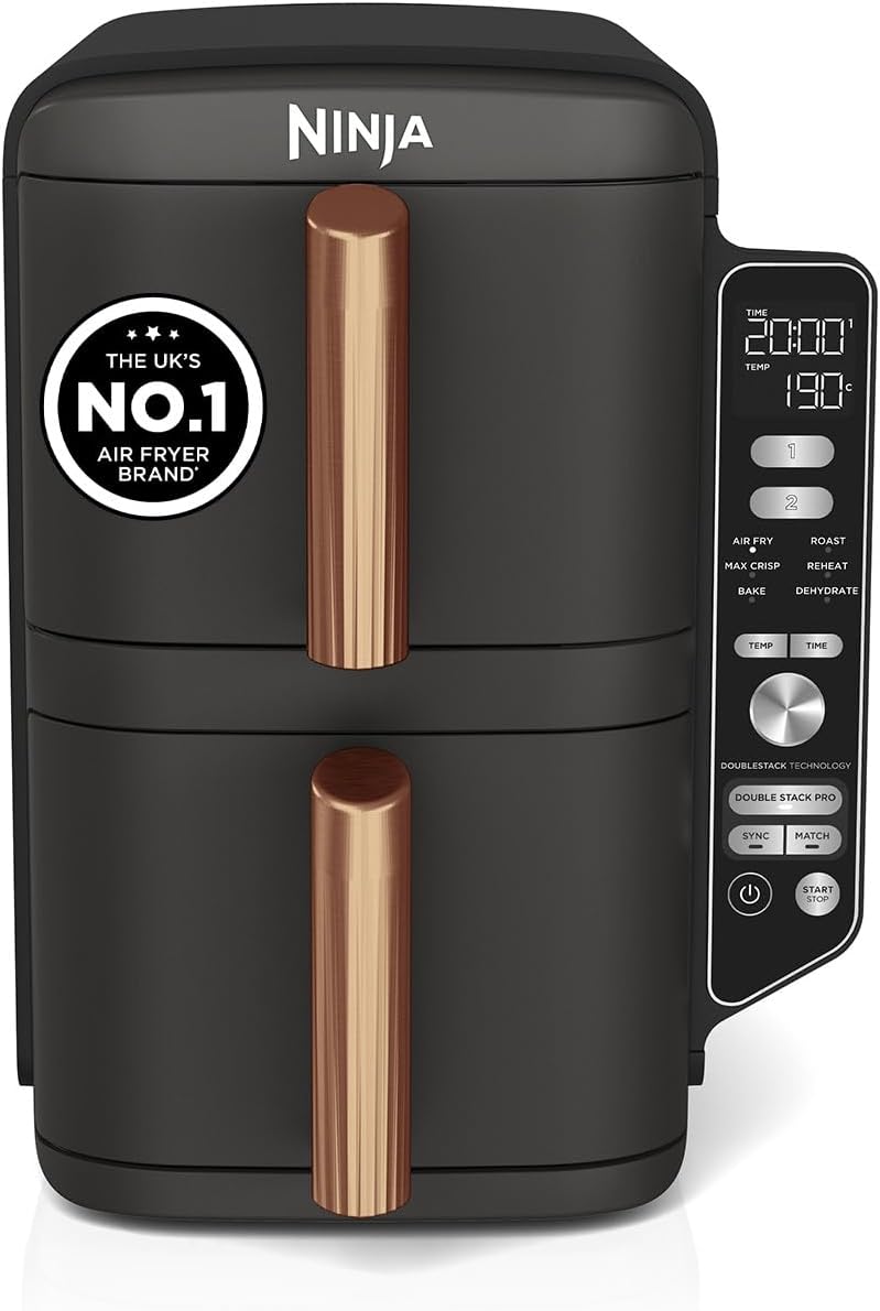 Ninja Double Stack XL Air Fryer SL400UKCP – Vertical Dual Drawer Air Fryer, 9.5L Capacity, 4 Cooking Levels, 6 Functions, Space-Saving Design, Black & Copper