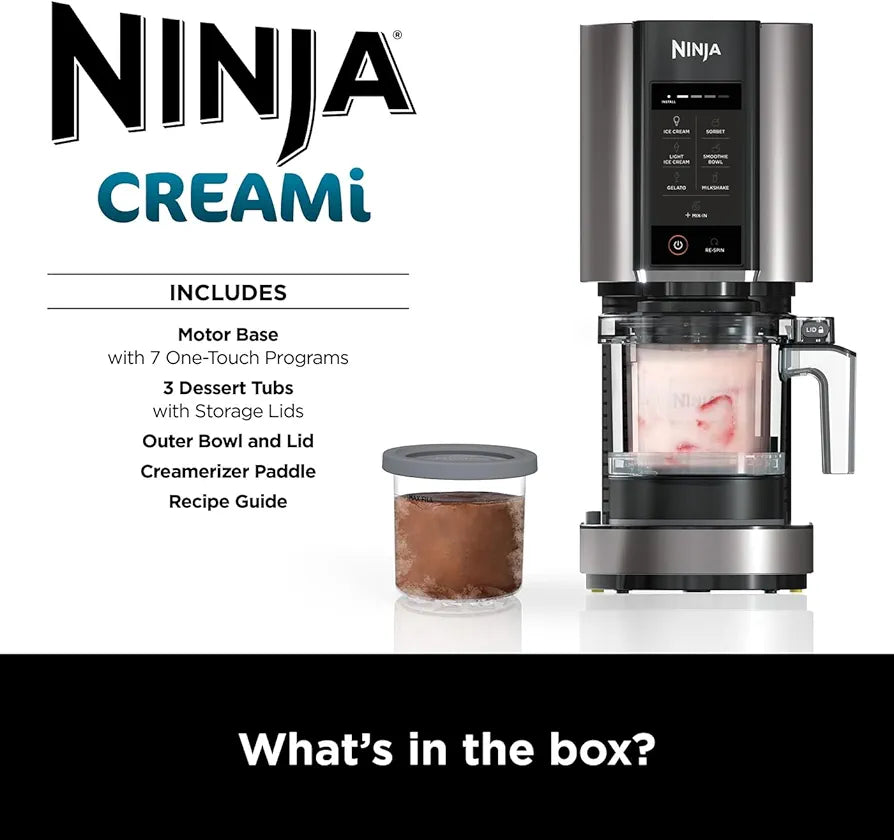 Ninja CREAMi Ice Cream Maker & Frozen Dessert Maker with 3 Tubs, 7 Programs, Makes Ice Cream, Gelato, Sorbet, Smoothie Bowl, Milkshakes and more, Black/Silver, Makes 1.4L of Ice Cream, NC300UK
