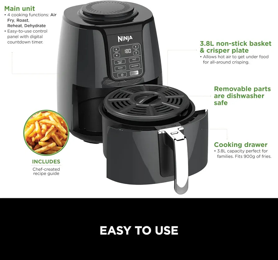 Ninja Air Fryer, 3.8L, 4-in-1, Uses No Oil, Air Fry, Roast, Reheat, Dehydrate, Non-Stick, Dishwasher Safe Basket, Cooks 2-4 Portions, Digital, Grey & Black, AF100UK