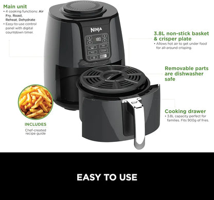 Ninja Air Fryer, 3.8L, 4-in-1, Uses No Oil, Air Fry, Roast, Reheat, Dehydrate, Non-Stick, Dishwasher Safe Basket, Cooks 2-4 Portions, Digital, Grey & Black, AF100UK