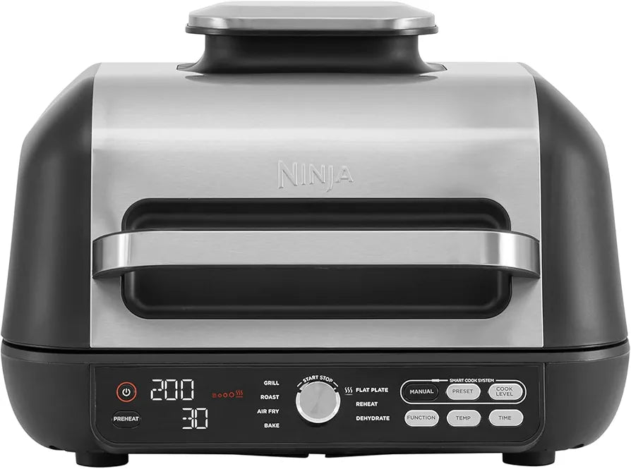 Ninja Foodi MAX PRO Health Grill, Flat Plate & Air Fryer 3.8L with Digital Cooking Probe, 7-in-1, Air Fry, Bake & more, Dishwasher Safe Parts, Cleaning Brush, Large Grill Plate, Silver/Black AG651UK