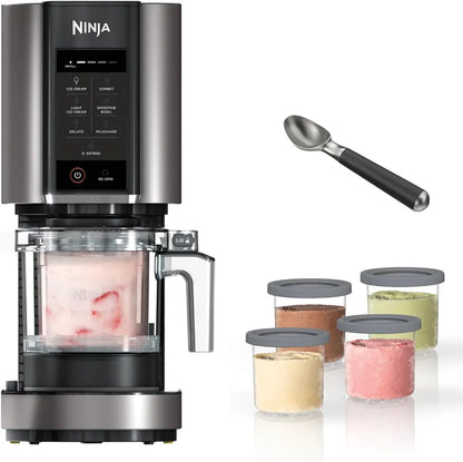 Ninja CREAMi 7 Pre-Set Programme Ice Cream & Frozen Dessert Maker With 5 Additional Dessert Tubs With Lids And Ice Cream Scoop  - Black & Silver