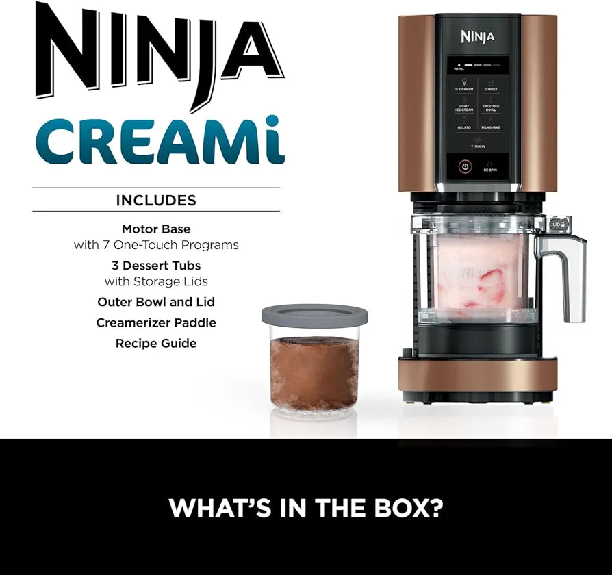 Ninja CREAMi Ice Cream Maker & Frozen Dessert Maker with 3 Tubs, 7 Programs, Makes Ice Cream, Gelato, Sorbet, Smoothie Bowl, Milkshakes and more, Makes 1.4L of Ice Cream, Black & Copper, NC300UKCP