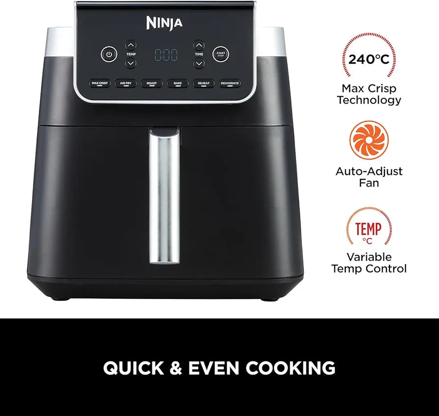 Ninja Air Fryer MAX PRO, 6.2L, Uses No Oil, Large Square Single Drawer, Roast, Bake, Air Fry, Digital, Cook From Frozen, Non-Stick, Dishwasher Safe Basket & Crisper Plate, Grey, AF180UKBRN