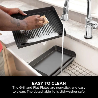 Ninja Sizzle Low Smoke Electric Indoor Grill & Flat Plate, 1460W, with Non-Stick Grill Plate & Flat Top Plate, Detachable Dishwasher Safe Lid, Grease Catch & Recipe Guide, Grey GR101UK
