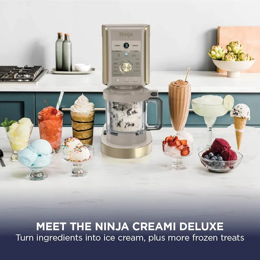 Ninja CREAMi Deluxe Ice Cream Maker and Frozen Dessert Maker with 3 Tubs, 10 Functions, Makes Ice Cream Slushi and More, 2-in-1 Flavour Option, Stone Gold, NC501UKSTGD