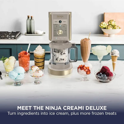 Ninja CREAMi Deluxe Ice Cream Maker and Frozen Dessert Maker with 3 Tubs, 10 Functions, Makes Ice Cream Slushi and More, 2-in-1 Flavour Option, Stone Gold, NC501UKSTGD