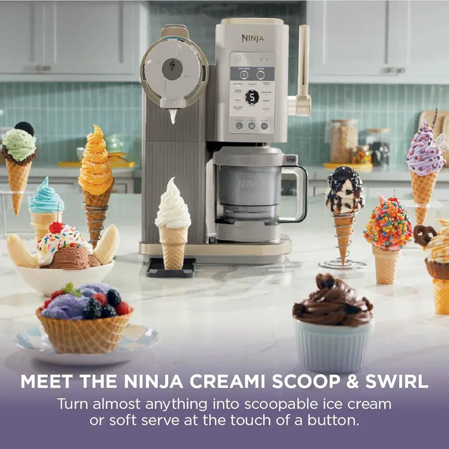 Ninja CREAMi Scoop and Swirl Ice Cream Machine with 2x Tubs, 13 Functions, Makes Ice Cream, Soft Serve, Gelato, Sorbet, Milkshakes and More, Mix-In Option, Stone Gold, NC701UKSTGD