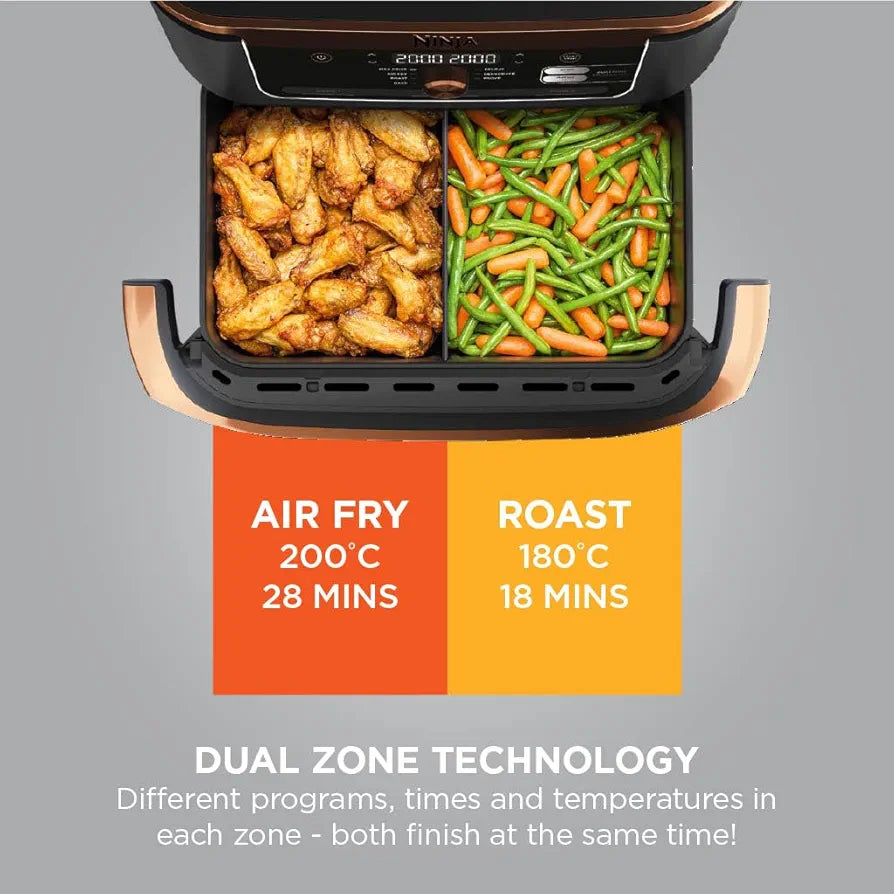 Ninja Foodi FlexDrawer Air Fryer, Dual Zone with Removable Divider, Large 10.4L Drawer, 7-in-1, Air-Fryer, Air Fry, Roast, Bake, Crisp, Non-Stick Dishwasher Safe Parts, Black and Copper, AF500UKCP