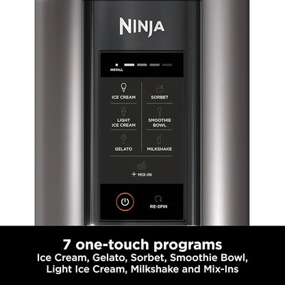 Ninja CREAMi 7 Pre-Set Programme Ice Cream & Frozen Dessert Maker With 5 Additional Dessert Tubs With Lids And Ice Cream Scoop  - Black & Silver