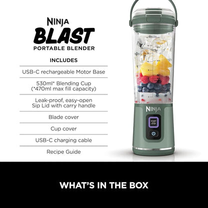 Ninja Blast Portable Blender, 530ml, Leakproof Lid & Sip Spout, Powerful Cordless Mini Blender, Rechargeable, Portable Smoothies, Protein Shakes, Blends Ice & Frozen Fruit, Forest Green, BC151UKEM
