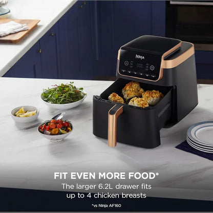 Ninja Air Fryer MAX PRO, 6.2L, Uses No Oil, Large Square Single Drawer, Roast, Bake, Air Fry, Family Size, Non-Stick, Dishwasher Safe Basket & Crisper Plate, Silicone Tongs, Black & Copper, AF180UKCP