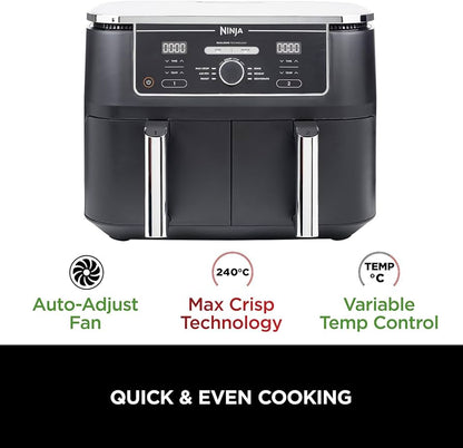 Ninja Foodi Max XXXL Dual Zone Air Fryer, 2 Basket Airfryer, 9.5L Extra Large Drawer Capacity, 6 Functions, Non Stick Ceramic, AF400ANZ, Black