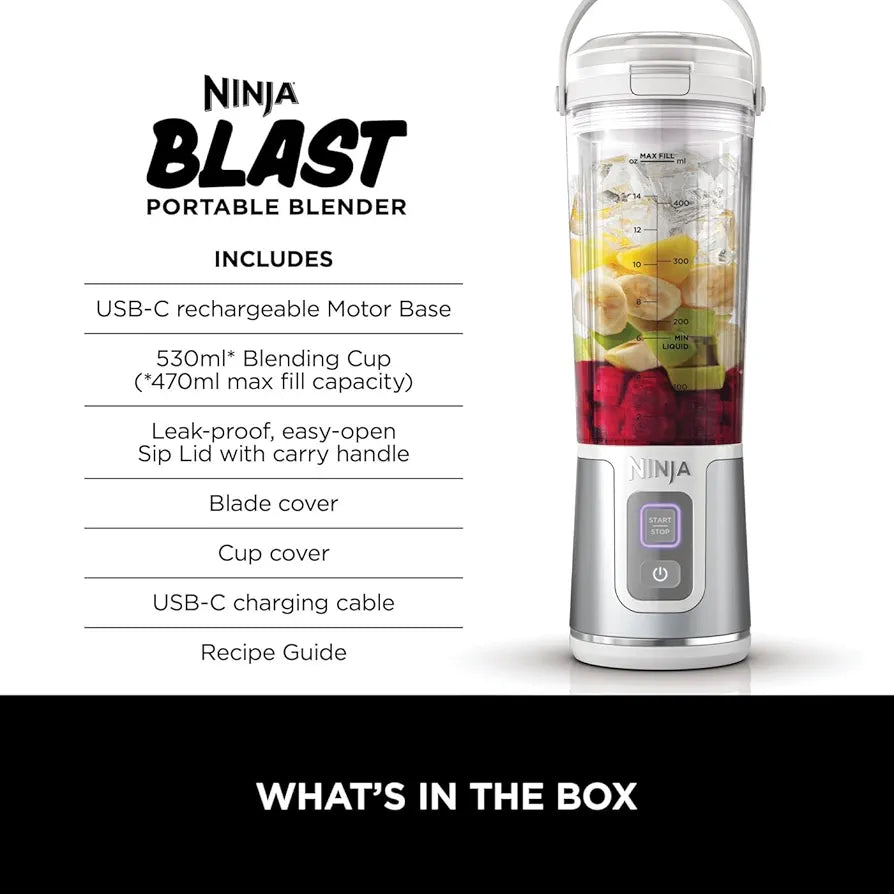 Ninja Blast Portable Blender, 530ml, Leakproof Lid & Sip Spout, Powerful Cordless Mini Blender, Rechargeable, Portable Smoothies, Protein Shakes, Blends Ice & Frozen Fruit, White, BC151UKWH