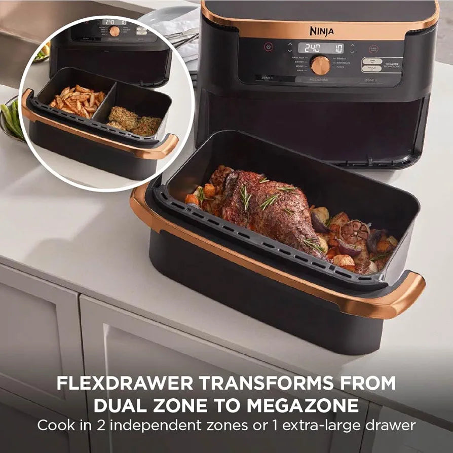Ninja Foodi FlexDrawer Air Fryer, Dual Zone with Removable Divider, Large 10.4L Drawer, 7-in-1, Air-Fryer, Air Fry, Roast, Bake, Crisp, Non-Stick Dishwasher Safe Parts, Black and Copper, AF500UKCP