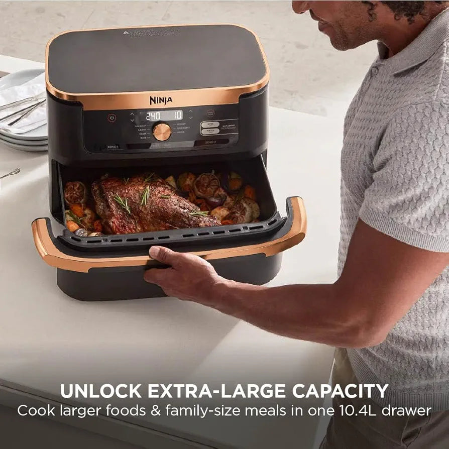 Ninja Foodi FlexDrawer Air Fryer, Dual Zone with Removable Divider, Large 10.4L Drawer, 7-in-1, Air-Fryer, Air Fry, Roast, Bake, Crisp, Non-Stick Dishwasher Safe Parts, Black and Copper, AF500UKCP