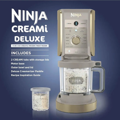 Ninja CREAMi Deluxe Ice Cream Maker and Frozen Dessert Maker with 3 Tubs, 10 Functions, Makes Ice Cream Slushi and More, 2-in-1 Flavour Option, Stone Gold, NC501UKSTGD