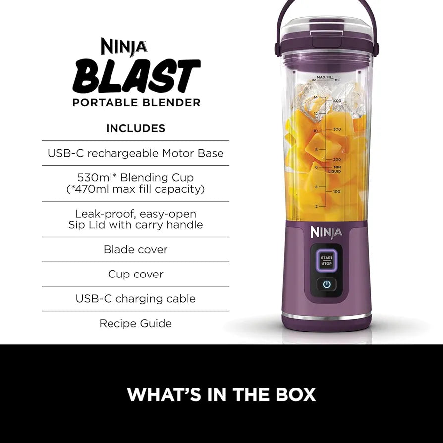Ninja Blast Portable Blender, 530ml, Leakproof Lid & Sip Spout, Powerful Cordless Mini Blender, Rechargeable, Portable Smoothies, Protein Shakes, Blends Ice & Frozen Fruit, Purple, BC151UKPR