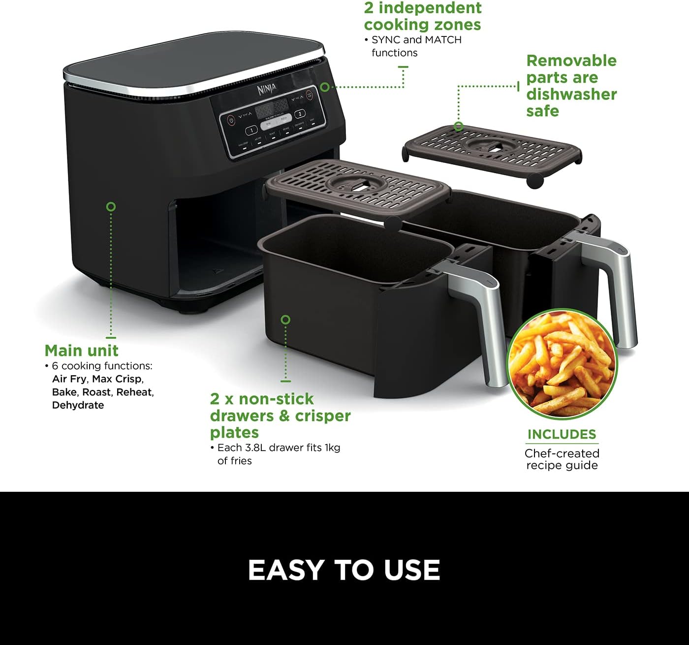 Ninja Foodi Dual Zone Digital Air Fryer, 2 Drawers, 7.6L, 6-in-1, Black AF300UK