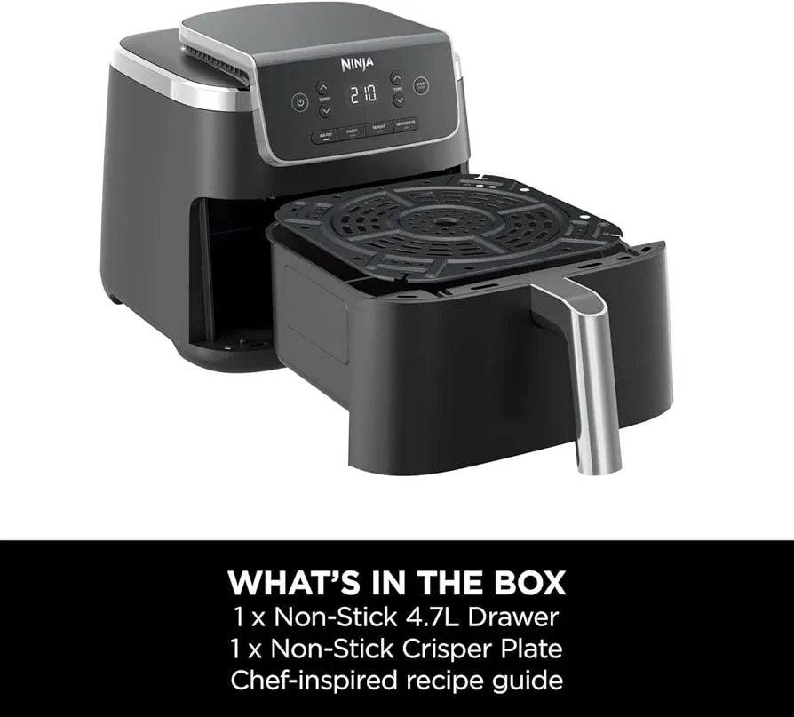 Ninja PRO 4.7L Air Fryer 4 in 1, Single Drawer, Air Frying, Roast Cooking, Heating, Drying, Non-stick Components Dishwasher Safe, Black, AF140EU