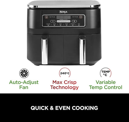 Ninja Foodi Dual Zone Digital Air Fryer, 2 Drawers, 7.6L, 6-in-1, Uses No Oil, Air Fry, Max Crisp, Roast, Bake, Reheat, Dehydrate, Cooks 4-6 Portions, Non-Stick, Dishwasher Safe Baskets, Black AF300UK