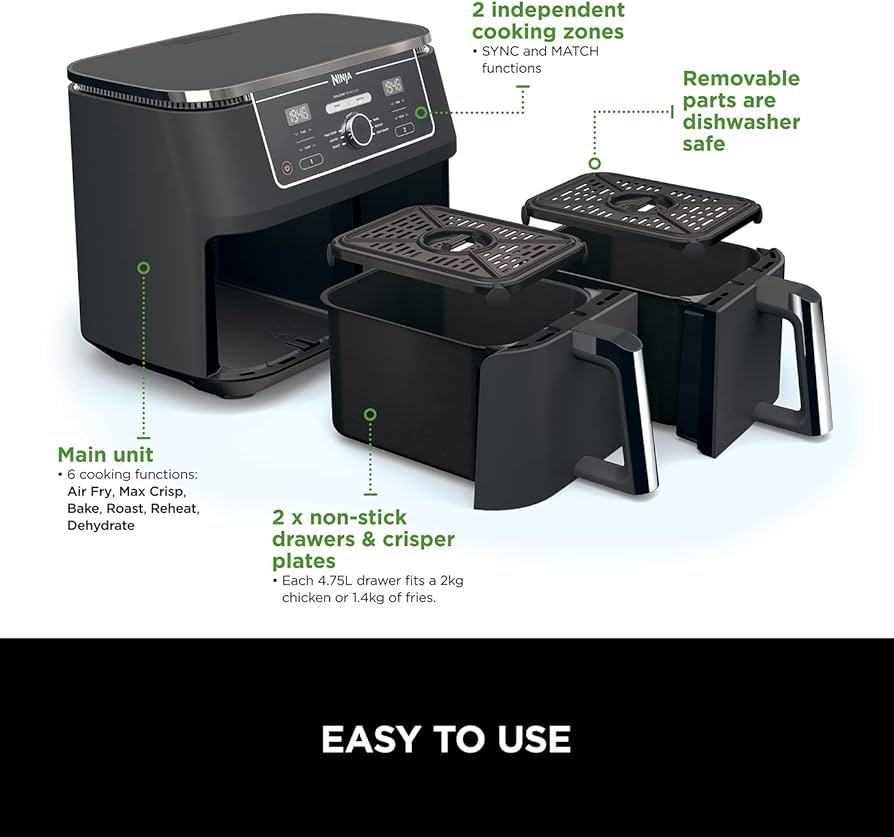 Ninja Foodi Max XXXL Dual Zone Air Fryer, 2 Basket Airfryer, 9.5L Extra Large Drawer Capacity, 6 Functions, Non Stick Ceramic, AF400ANZ, Black