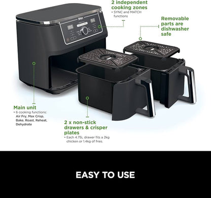 Ninja Foodi Max XXXL Dual Zone Air Fryer, 2 Basket Airfryer, 9.5L Extra Large Drawer Capacity, 6 Functions, Non Stick Ceramic, AF400ANZ, Black