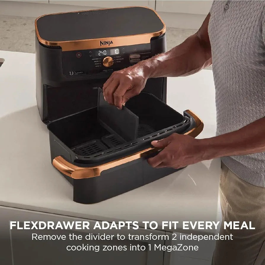 Ninja Foodi FlexDrawer Air Fryer, Dual Zone with Removable Divider, Large 10.4L Drawer, 7-in-1, Air-Fryer, Air Fry, Roast, Bake, Crisp, Non-Stick Dishwasher Safe Parts, Black and Copper, AF500UKCP