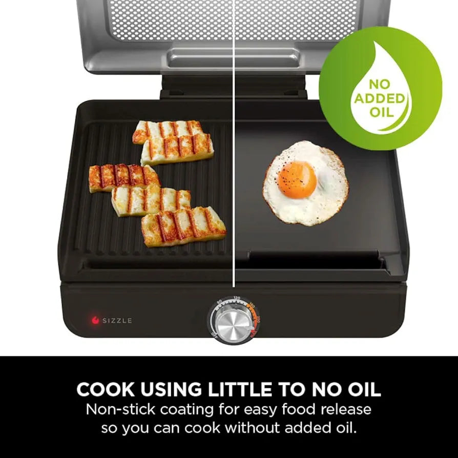 Ninja Sizzle Low Smoke Electric Indoor Grill & Flat Plate, 1460W, with Non-Stick Grill Plate & Flat Top Plate, Detachable Dishwasher Safe Lid, Grease Catch & Recipe Guide, Grey GR101UK