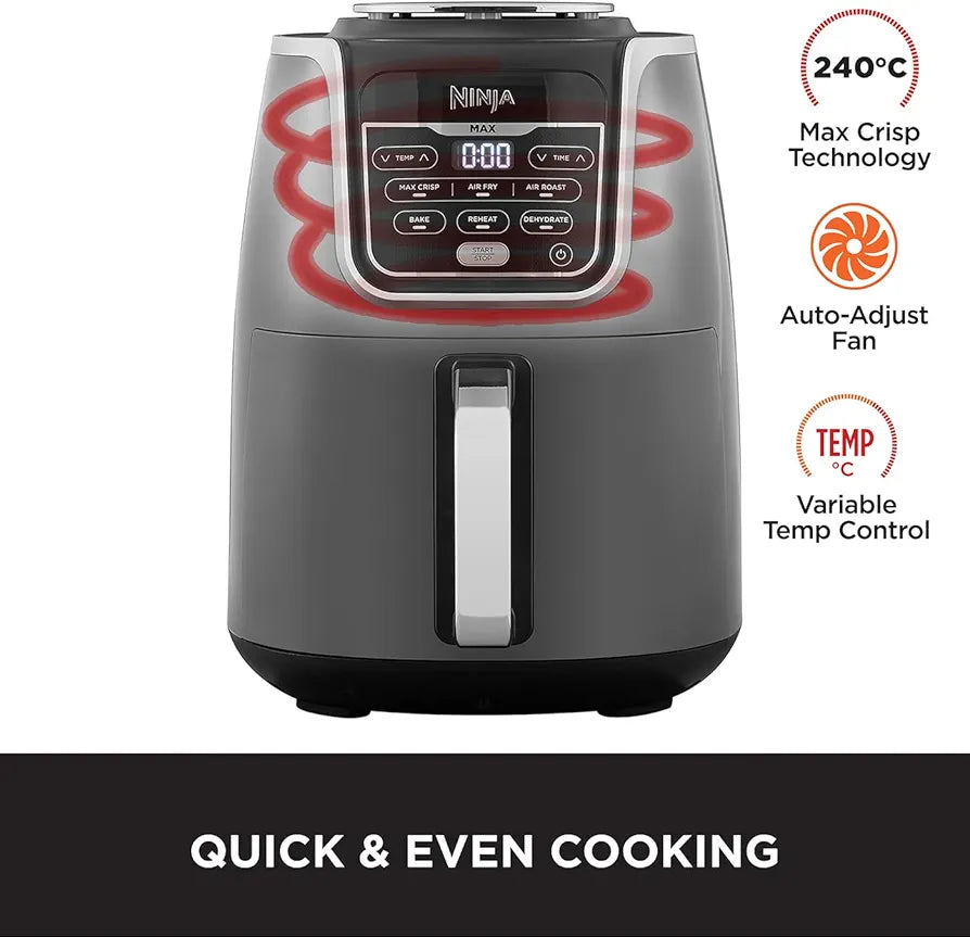 Ninja Air Fryer MAX, 5.2L, 6-in-1, Uses No Oil, Air Fry, Max Crisp, Roast, Bake, Reheat, Dehydrate, Family Size, Digital, Cook From Frozen, Non-Stick, Dishwasher Safe Basket, Grey & Black, AF160UK