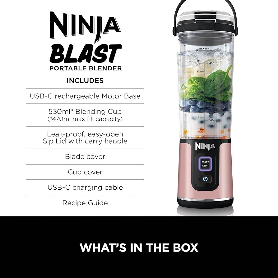 Ninja 2-Pack Blast 530ml Portable Blender, Leakproof Lid & Sip Spout, Cordless Mini Blender, Rechargeable, Portable Smoothies, Protein Shakes, & Frozen Fruit, Rose Gold & Metallic Silver, BC151UKEUGV