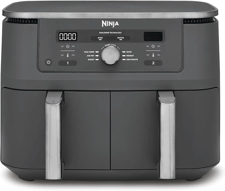 Ninja MAX Dual Zone Digital Air Fryer, 2 Drawers, 9.5L, 6-in-1, Uses No Oil, Air Fry, Max Crisp, Roast, Bake, Reheat, Dehydrate, Non-Stick, Dishwasher Safe Baskets, Gun Metal Grey DZ400UK