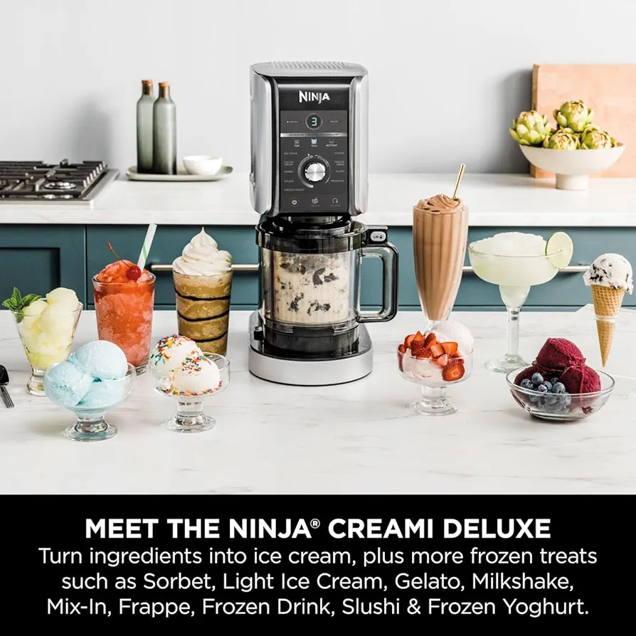 Ninja CREAMi Deluxe Ice Cream Maker & Frozen Dessert Maker with 3 Tubs, 10 Functions, Makes Ice Cream, Gelato, Sorbet, Frozen Yoghurt, Milkshakes, Slushi & More, 2-in-1 Flavour Option, Silver, NC501UK