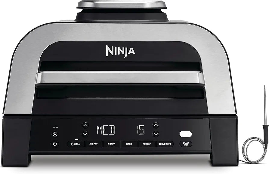 Ninja 6-in-1 MAX Indoor Grill & Air Fryer, 6 Cooking Functions, Make Up to 6 Burgers, 3.8L Capacity, Low Smoke, Includes Digital Meat Thermometer, Grey/Silver, DG551UK