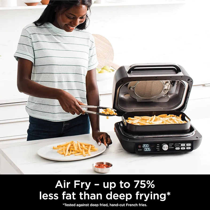Ninja Foodi MAX PRO Health Grill, Flat Plate & Air Fryer 3.8L with Digital Cooking Probe, 7-in-1, Air Fry, Bake & more, Dishwasher Safe Parts, Cleaning Brush, Large Grill Plate, Silver/Black AG651UK