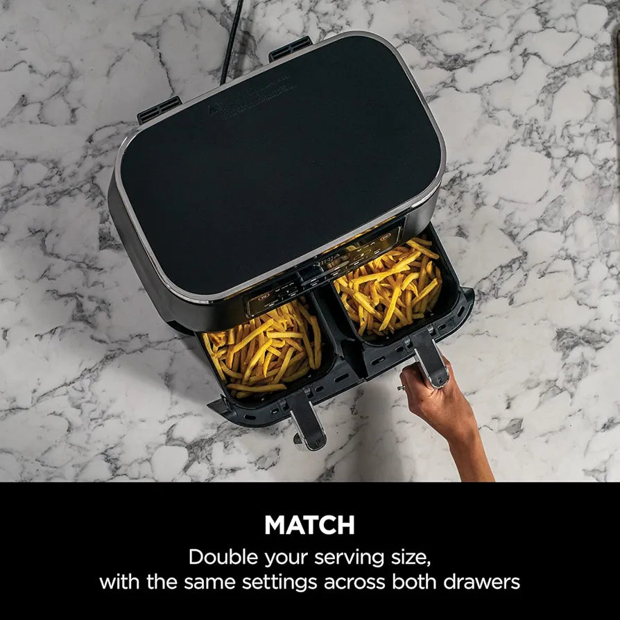 Ninja Foodi Dual Zone Digital Air Fryer, 2 Drawers, 7.6L, 6-in-1, Uses No Oil, Air Fry, Max Crisp, Roast, Bake, Reheat, Dehydrate, Cooks 4-6 Portions, Non-Stick, Dishwasher Safe Baskets, Black AF300UK