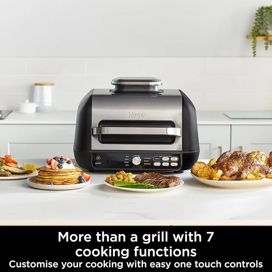 Ninja Foodi MAX PRO Health Grill, Flat Plate & Air Fryer 3.8L with Digital Cooking Probe, 7-in-1, Air Fry, Bake & more, Dishwasher Safe Parts, Cleaning Brush, Large Grill Plate, Silver/Black AG651UK