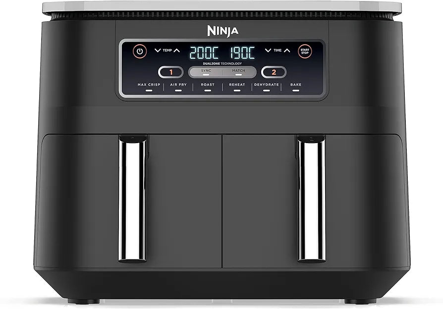 Ninja Foodi Dual Zone Digital Air Fryer, 2 Drawers, 7.6L, 6-in-1, Uses No Oil, Air Fry, Max Crisp, Roast, Bake, Reheat, Dehydrate, Cooks 4-6 Portions, Non-Stick, Dishwasher Safe Baskets, Black AF300UK