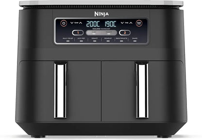 Ninja Foodi Dual Zone Digital Air Fryer, 2 Drawers, 7.6L, 6-in-1, Uses No Oil, Air Fry, Max Crisp, Roast, Bake, Reheat, Dehydrate, Cooks 4-6 Portions, Non-Stick, Dishwasher Safe Baskets, Black AF300UK