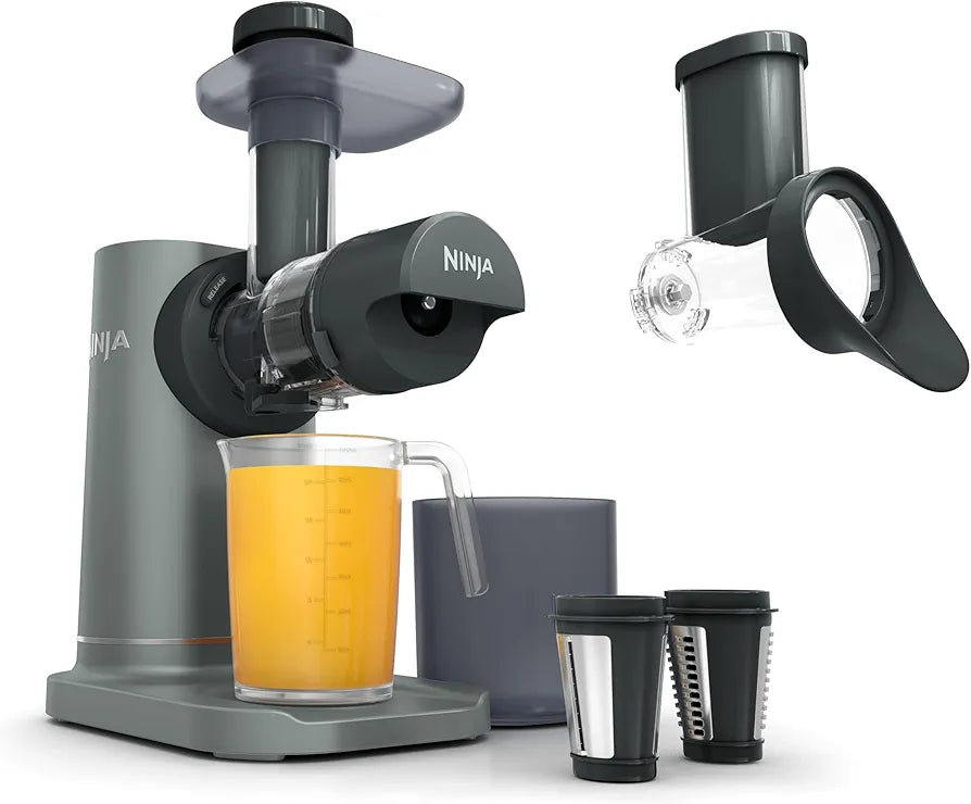 Ninja 3-in-1 Cold Press Juicer with Slice and Shred Blades, 700ml Jug and 1.1L Pulp Container, Make Fresh Juices and Process Vegetables, Compact, Dishwasher Safe Removeable Parts, Grey JC152UK